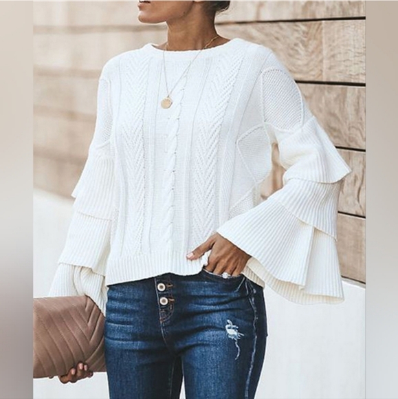 Endless Rose White Cable Knit Tiered Bell-Sleeve Sweater Women's Size Small S - Picture 2 of 12